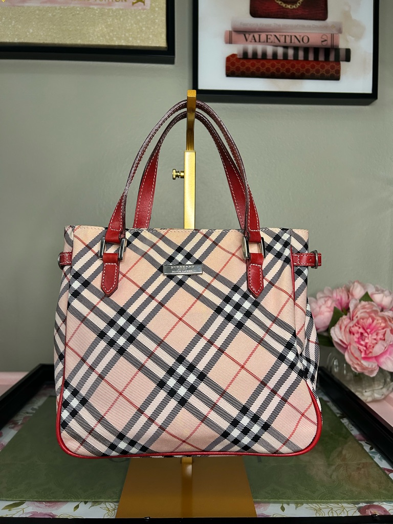 Vintage Burberry Nova Check Tote Bag Red Leather Trim Beige Plaid Bag